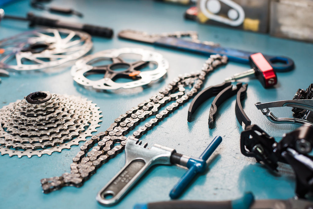 Bicycle parts lying on a table